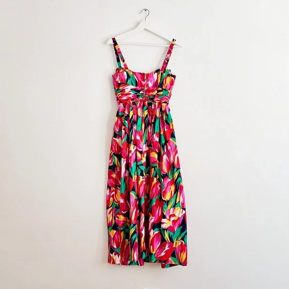 vintage 80s 90s tulip print midi dress bow detail floral pattern XS S - Picture 2 of 5